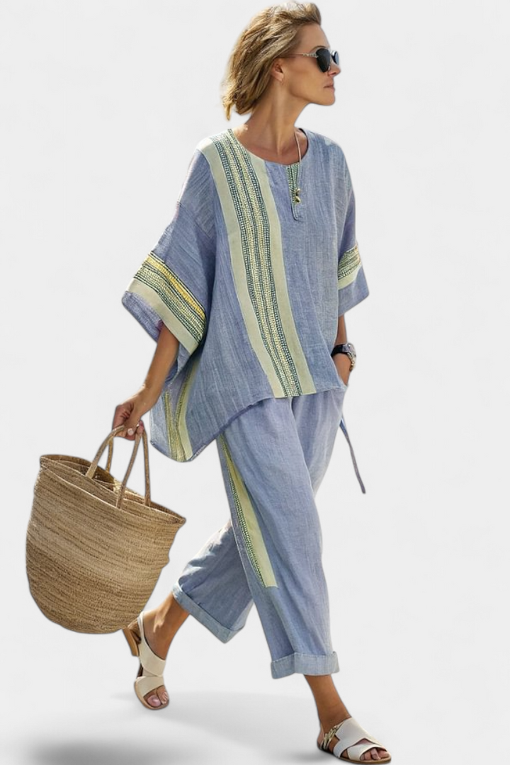 Elowric | Elegant Lavender Top & Mustard Striped Pants