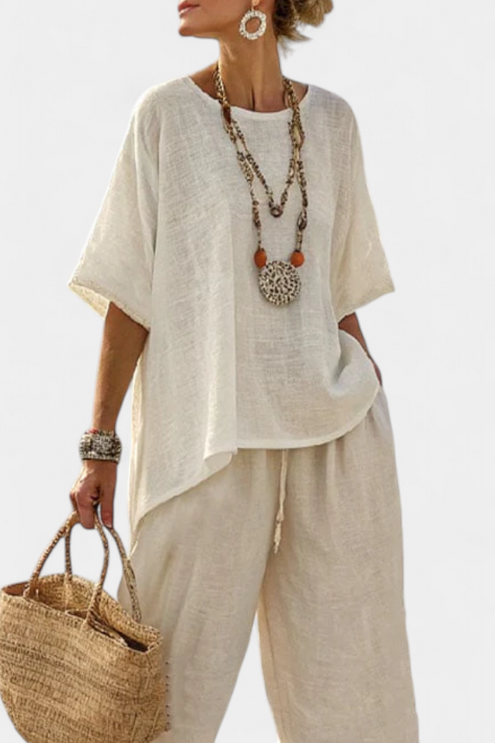 Drevon | Comfortable Minimalist Raw Blouse & Wide-Leg Pants